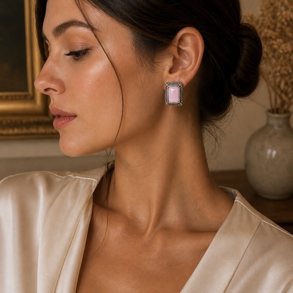 Vintage Pink Stone Square Frame Stud Clip On Earrings - Women Jewelry
